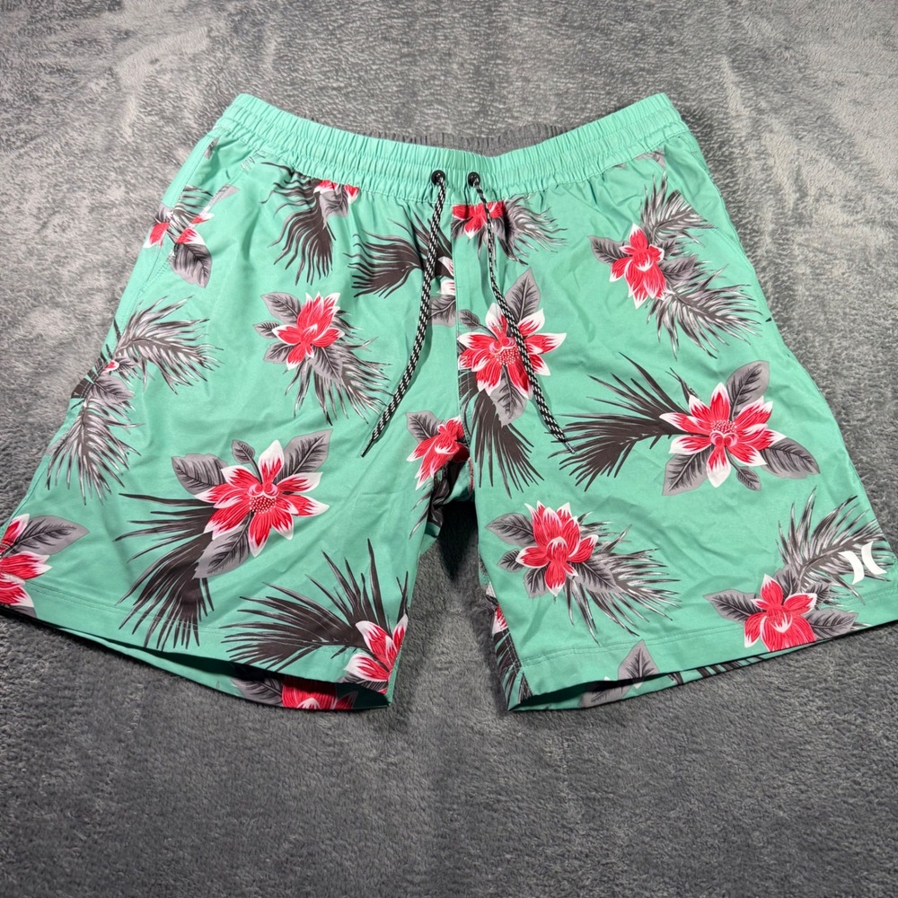 Hurley Mens XL Tropical Floral Board Shorts Mint Green Red Swim Trunks 1702-1123